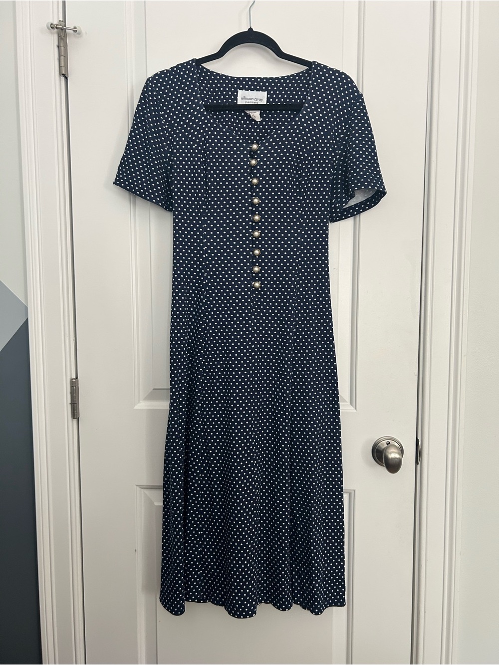 Vintage Polka Dot Navy White Tie Back Midi Dress with Gold White Buttons